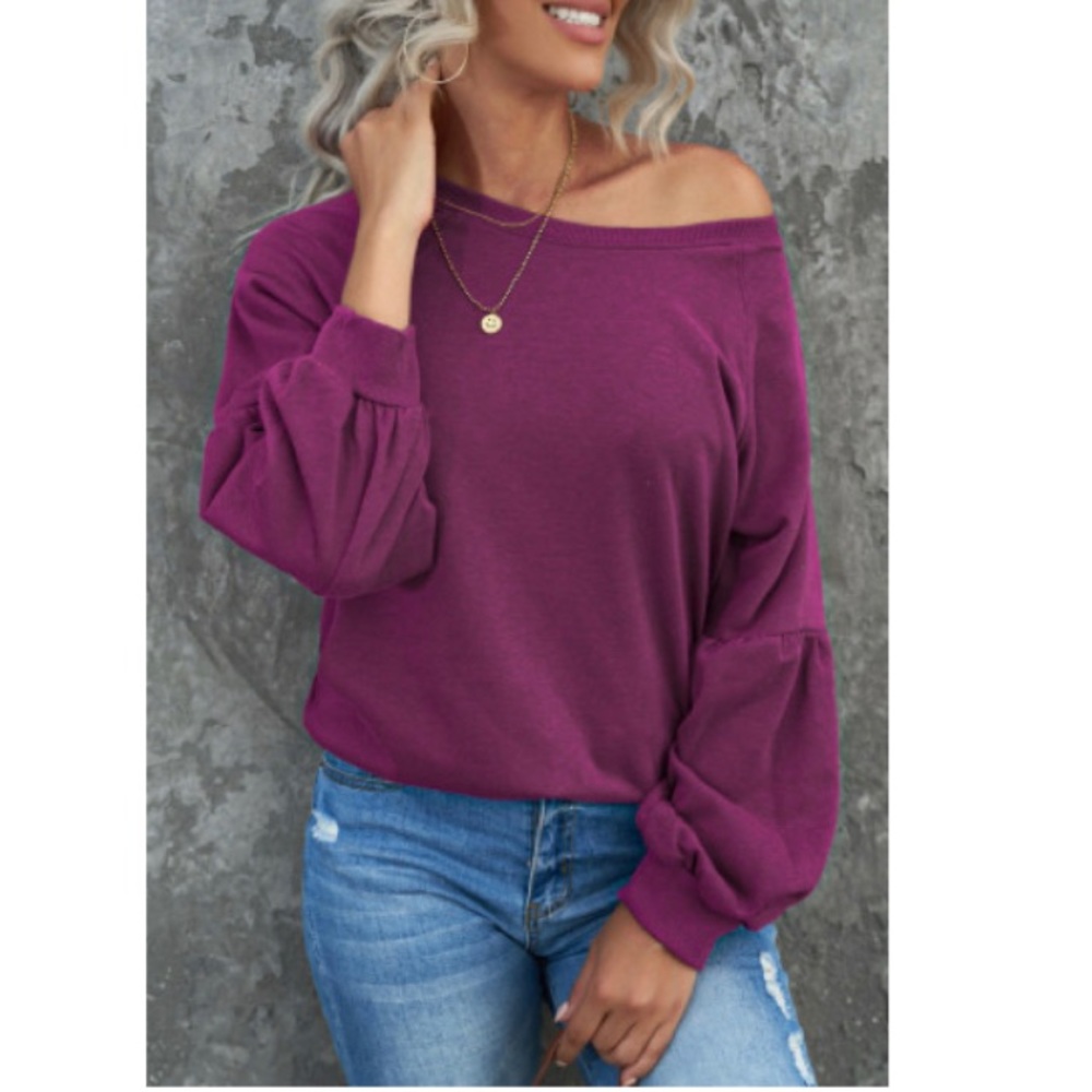 Plum Raglan Sleeve Pullover Crew Neck Sweatshirt